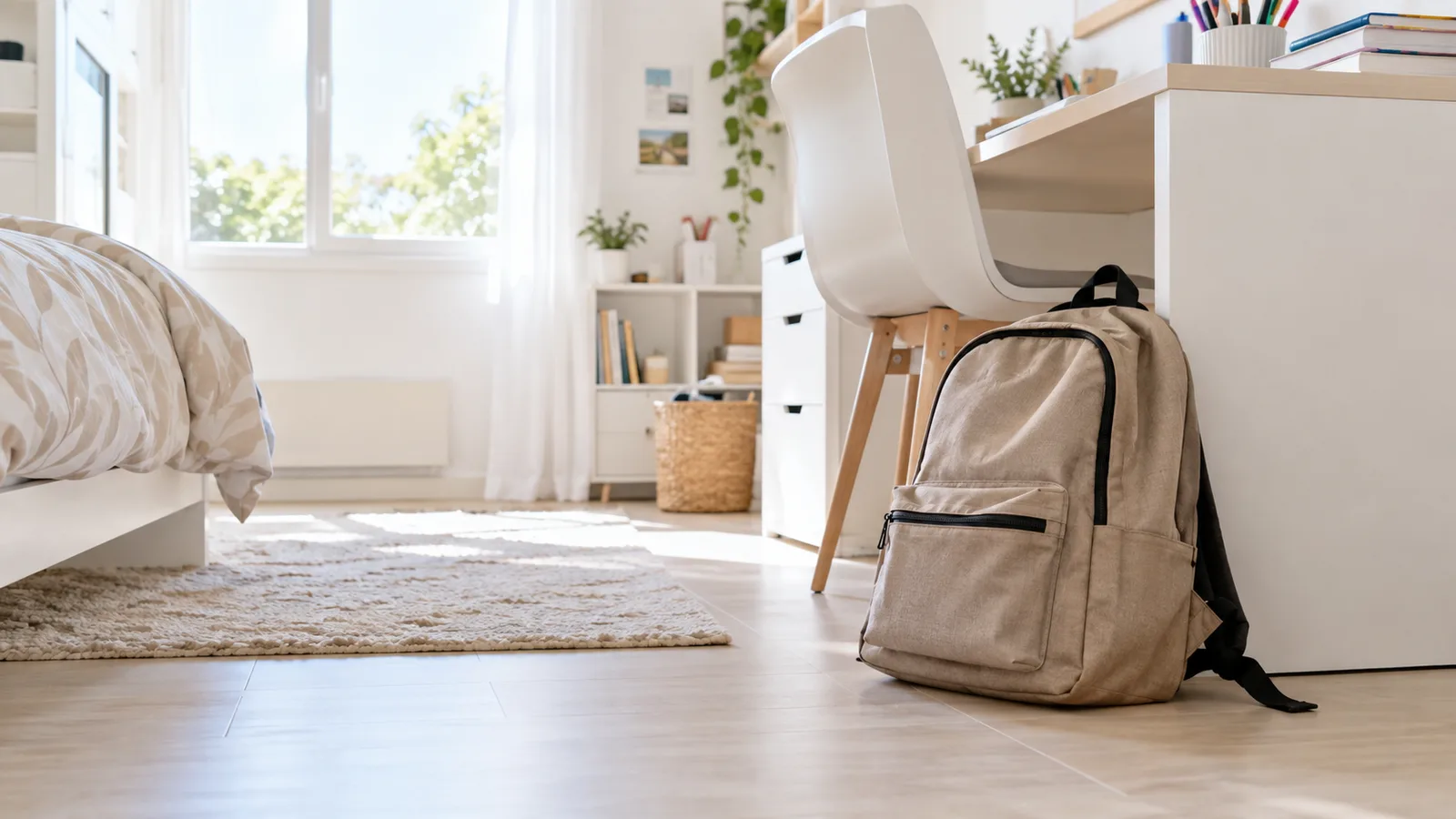 Un cartable posé au pied d'un bureau d'écolier, dans une chambre claire, vu au niveau du sol