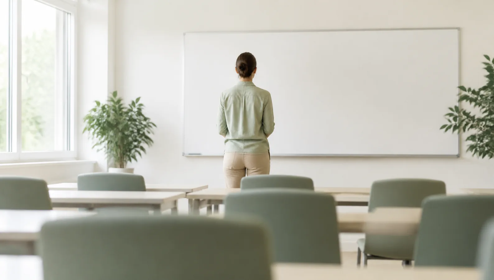 Un enseignant de dos devant un tableau, dans une salle de classe claire